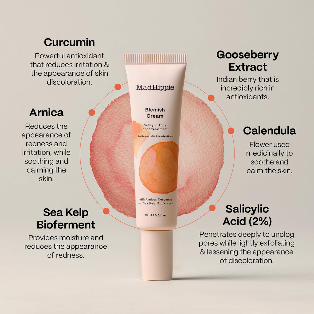 Mad Hippie Blemish Cream – Acne Spot Treatment with 2% Salicylic Acid and Redness Reducing Arnica, Curcumin, and Calendula, 0.5 Oz