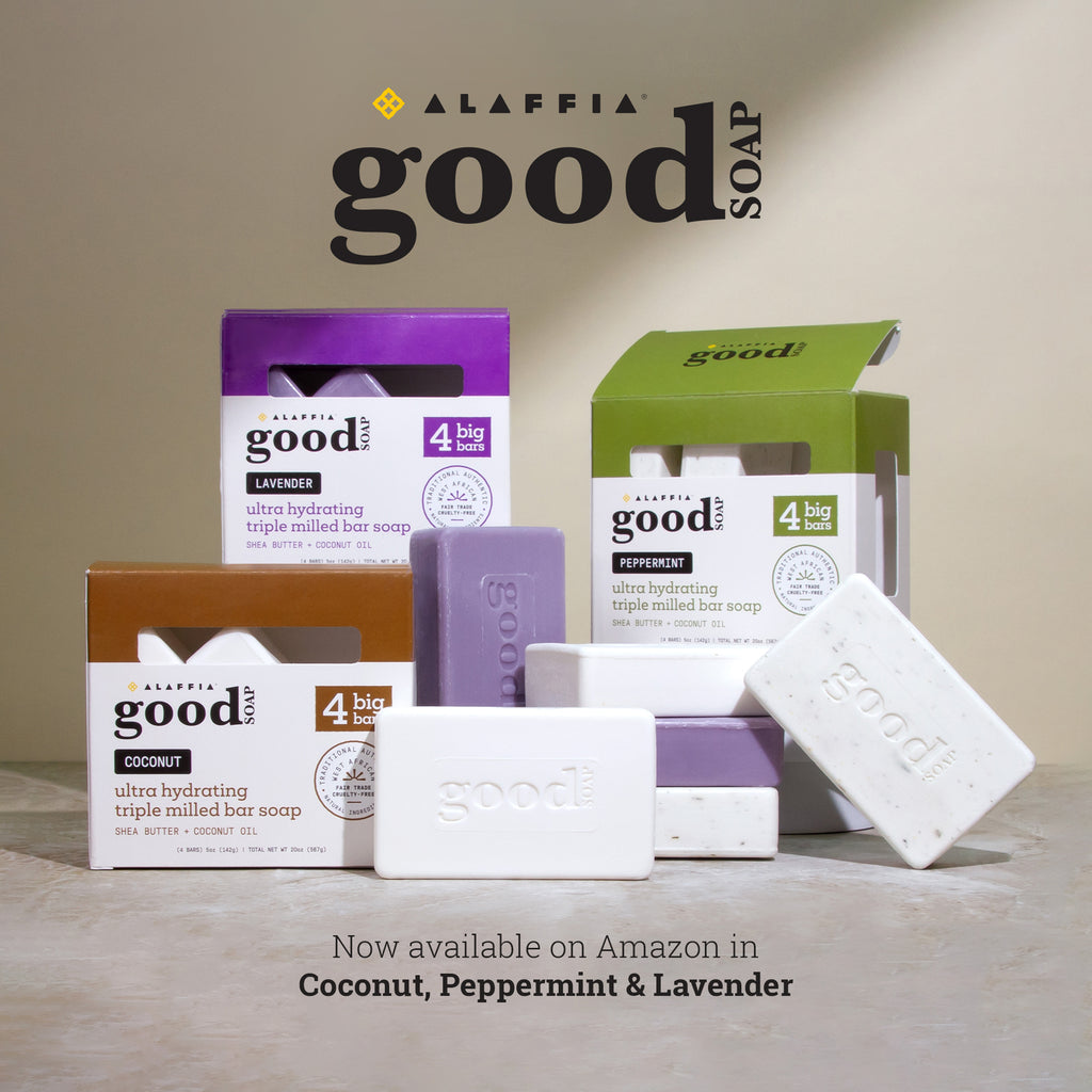 Alaffia Good Soap Peppermint (4 Bars) – Long-lasting, triple-milled soap made with fair trade shea butter. Peppermint scent, gentle for daily use.