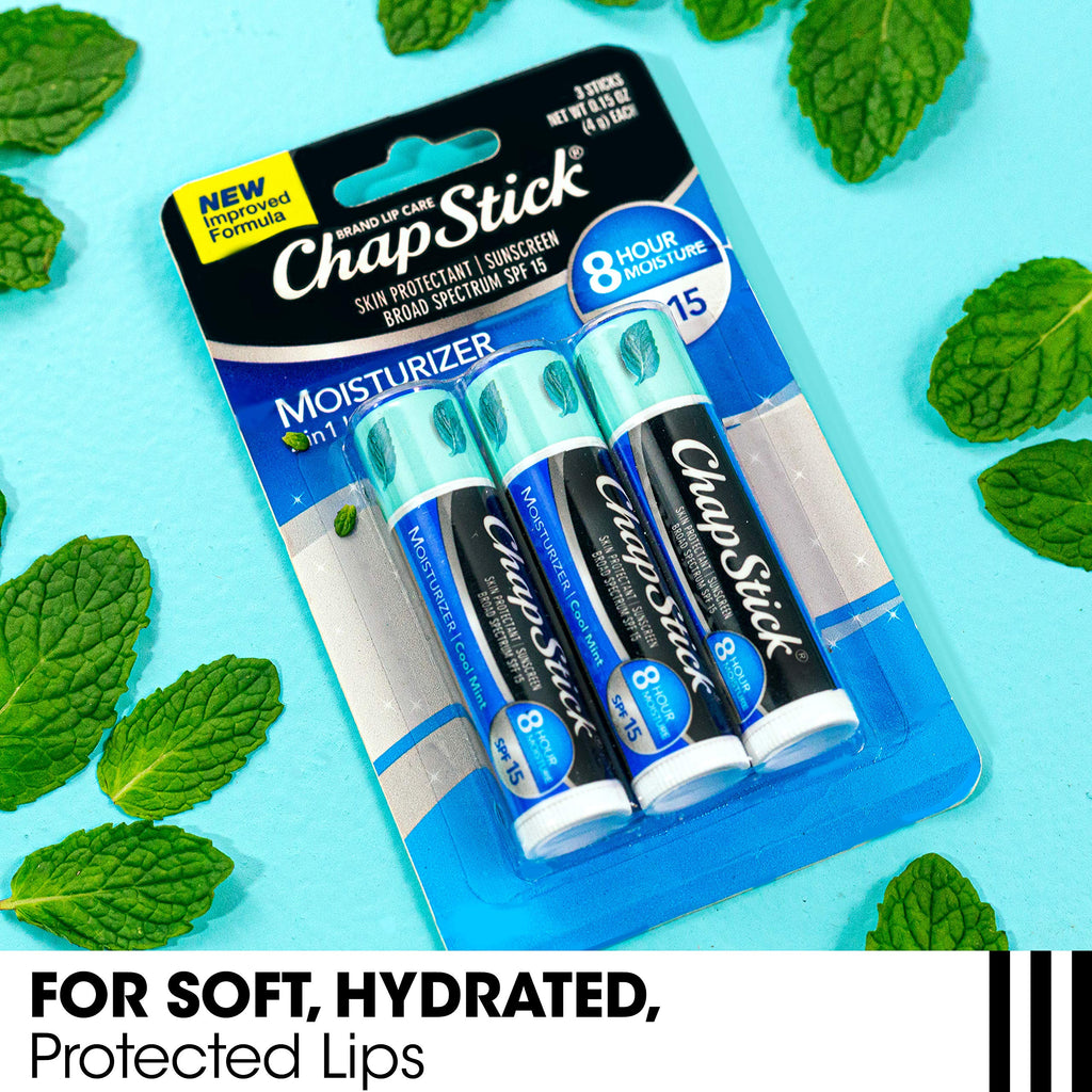 ChapStick Moisturizer (Cool Mint Flavor, 0.15 Ounce, 3 Sticks) Lip Balm Tube, Skin Protectant, Lip Care, SPF 15