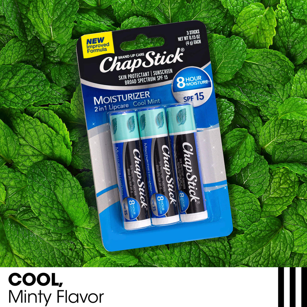 ChapStick Moisturizer (Cool Mint Flavor, 0.15 Ounce, 3 Sticks) Lip Balm Tube, Skin Protectant, Lip Care, SPF 15