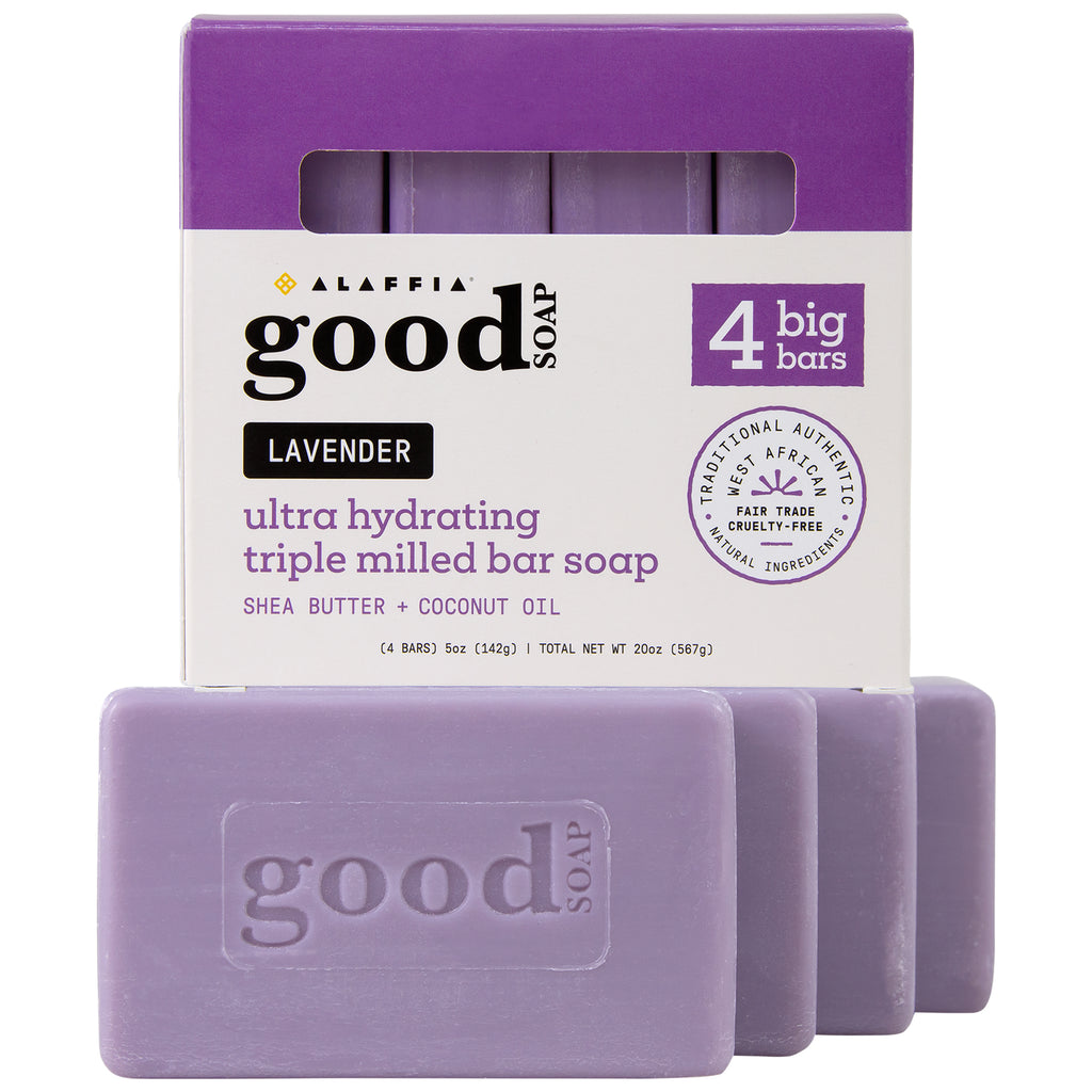 Alaffia Good Soap Lavender (4 Bars) – Long-lasting, triple-milled soap made with fair trade shea butter. Lavender scent, gentle for daily use.