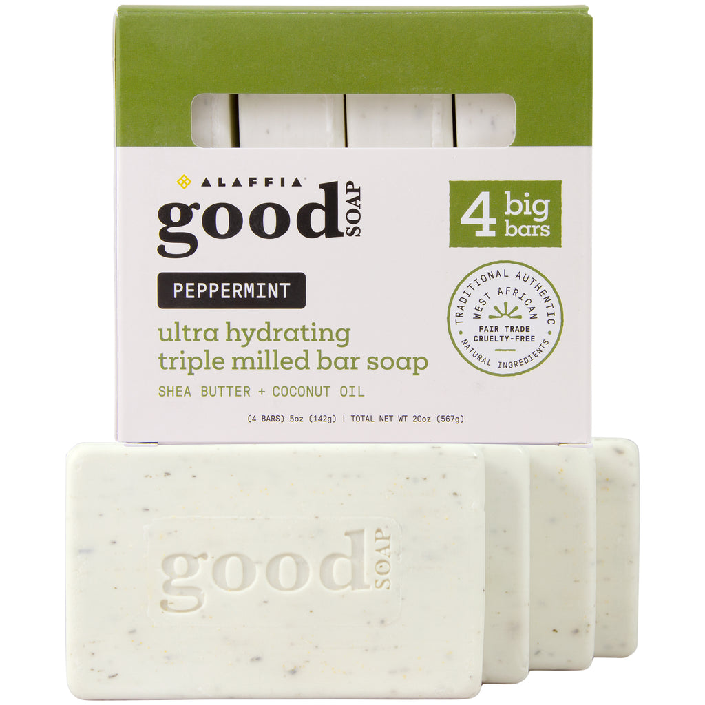 Alaffia Good Soap Peppermint (4 Bars) – Long-lasting, triple-milled soap made with fair trade shea butter. Peppermint scent, gentle for daily use.