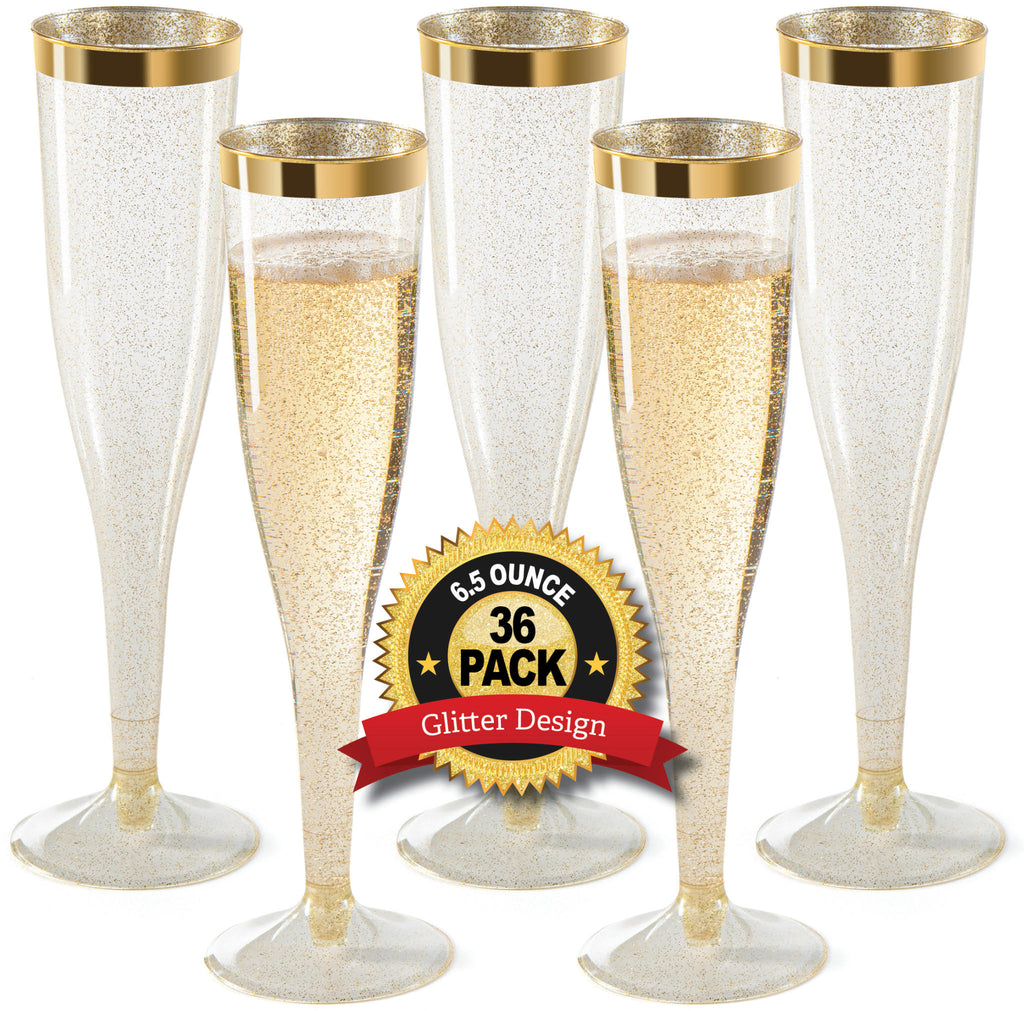 Plastic Champagne Flutes Disposable - Gold Glitter with a Gold Rim