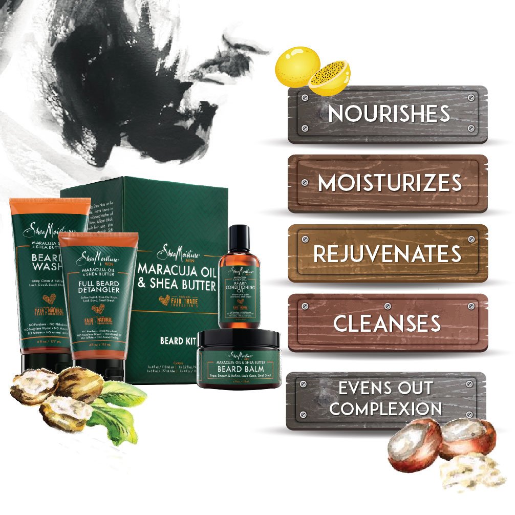 SheaMoisture Complete Beard Styling Set - Maracuja & Shea Oils - Conditioning Oil, Balm, Detangler & Wash Gift Box
