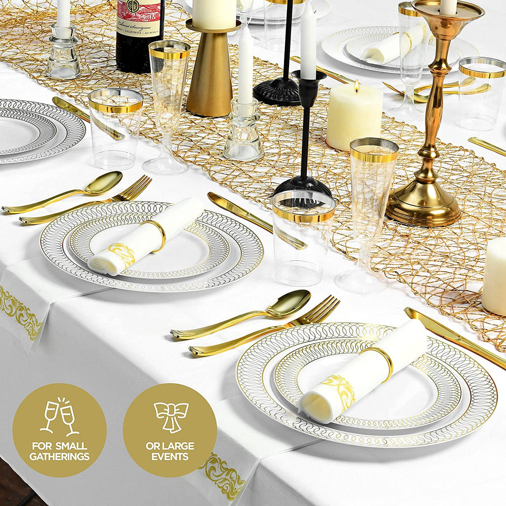 252-Piece White and Gold Plates, Napkins, Party Supplies, Dinnerware for Adults (36 sets), Gold Plastic Plate Set, Small & Large, Durable Disposable Silverware, Paper Napkins, Cups for Elegant Parties
