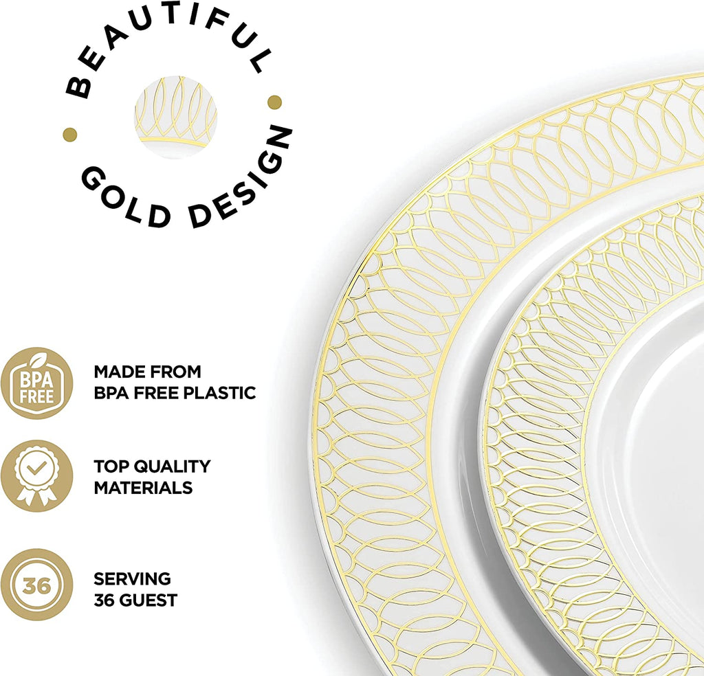 252-Piece White and Gold Plates, Napkins, Party Supplies, Dinnerware for Adults (36 sets), Gold Plastic Plate Set, Small & Large, Durable Disposable Silverware, Paper Napkins, Cups for Elegant Parties

