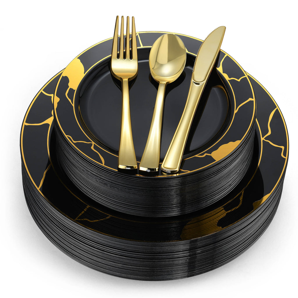 180-Piece Black & Gold Plates Dinnerware Set W/ Plastic Silverware
