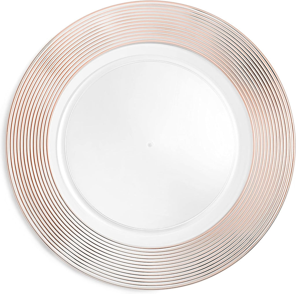 Rose Gold Charger Plates 13” (Set of 6) Dinner Service Plates for Parties, Weddings, Thanksgiving, New Year’s Eve Celebrations, Clear Plastic Disposable, Reusable Chargers, Dinner Plates