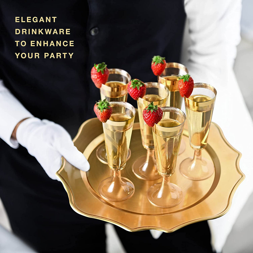 Plastic Champagne Flutes Disposable - Gold Glitter with a Gold Rim - [1 Box of 48] 4.5 Oz Premium Toasting Flutes, Elegant Stylish Mimosa Glasses for Weddings Anniversaries and Catered Events
