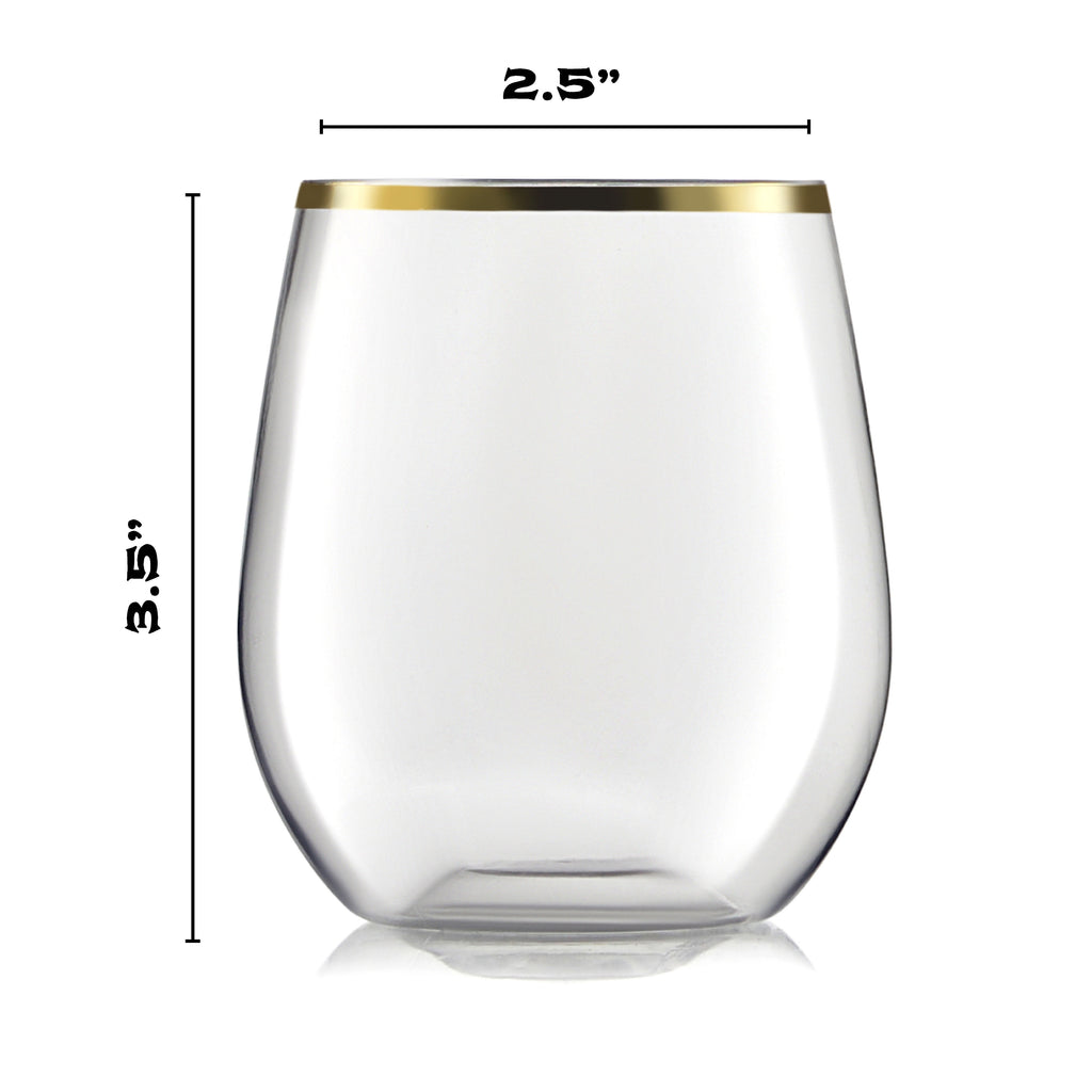 32 Pack Stemless Plastic Wine Glasses Disposable 12 Oz Gold Rim