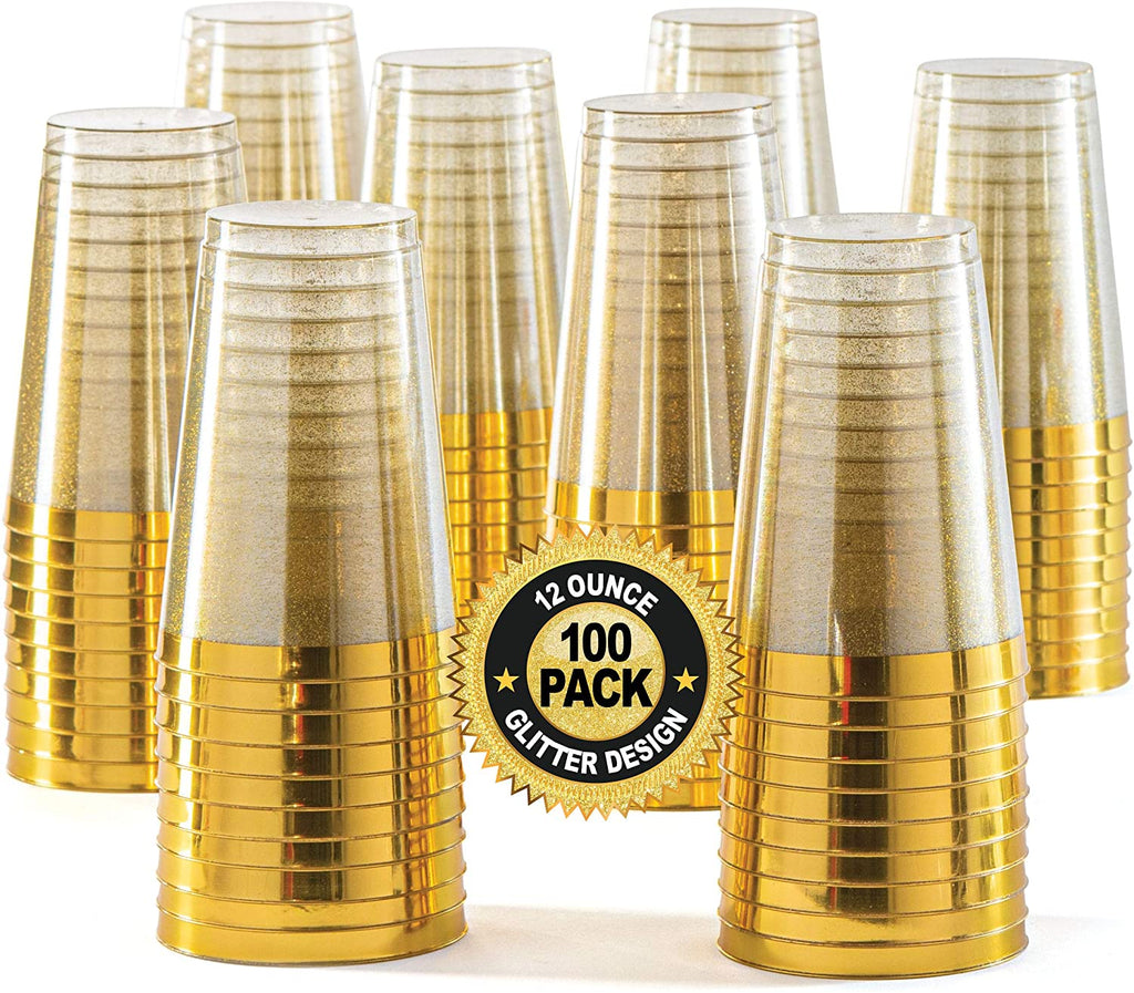 100 Gold Plastic Cups 12 oz Gold Glitter with a Gold Rim 