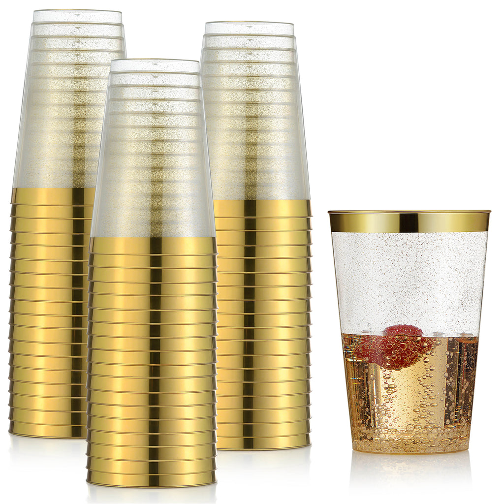 100 Gold Plastic Cups 12 oz Gold Glitter with a Gold Rim 