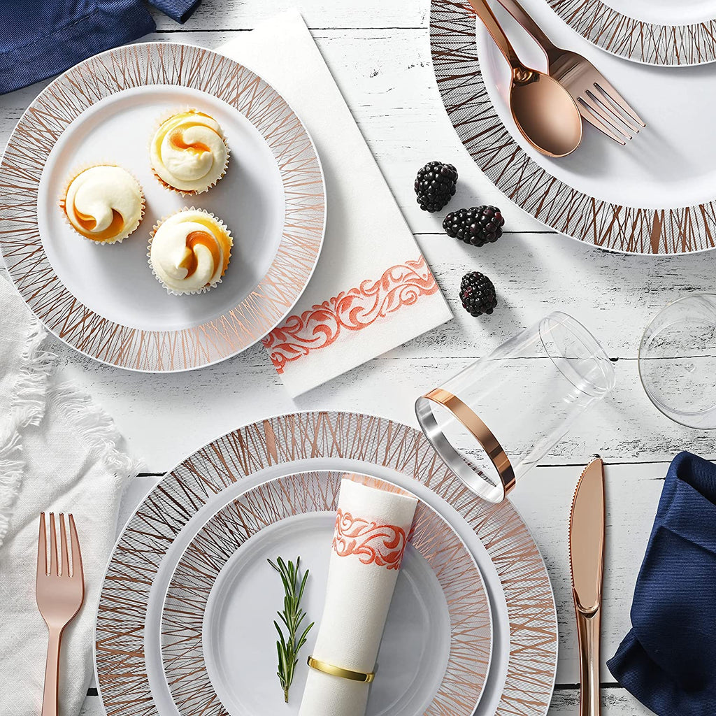 252-Piece Rose Gold Plates, Napkins, Party Supplies, Dinnerware for Adults (36 sets), Gold Plastic Plate Set, Small & Large, Durable Disposable Silverware, Paper Napkins, & Cups for Elegant Parties