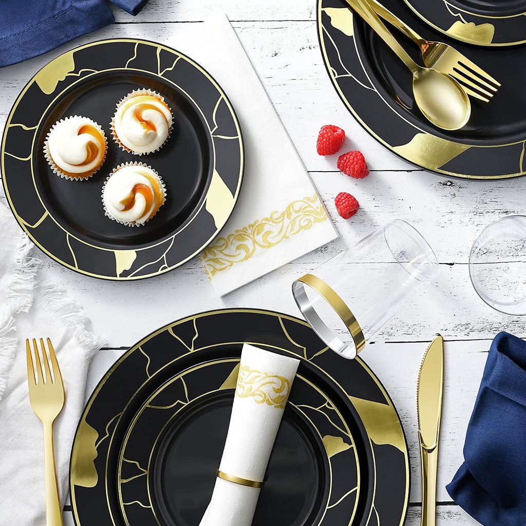 252-Piece Black and Gold Plates, Napkins, Party Supplies, Dinnerware for Adults (36 sets), Gold Plastic Plate Set, Small & Large, Durable Disposable Silverware, Paper Napkins, Cups for Elegant Parties,Chateau Fine Tableware,OxKom