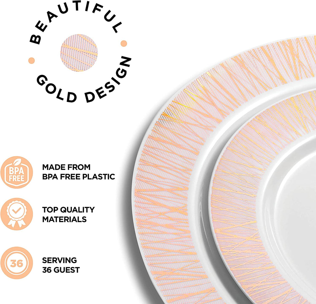 252-Piece Rose Gold Plates, Napkins, Party Supplies, Dinnerware for Adults (36 sets), Gold Plastic Plate Set, Small & Large, Durable Disposable Silverware, Paper Napkins, & Cups for Elegant Parties