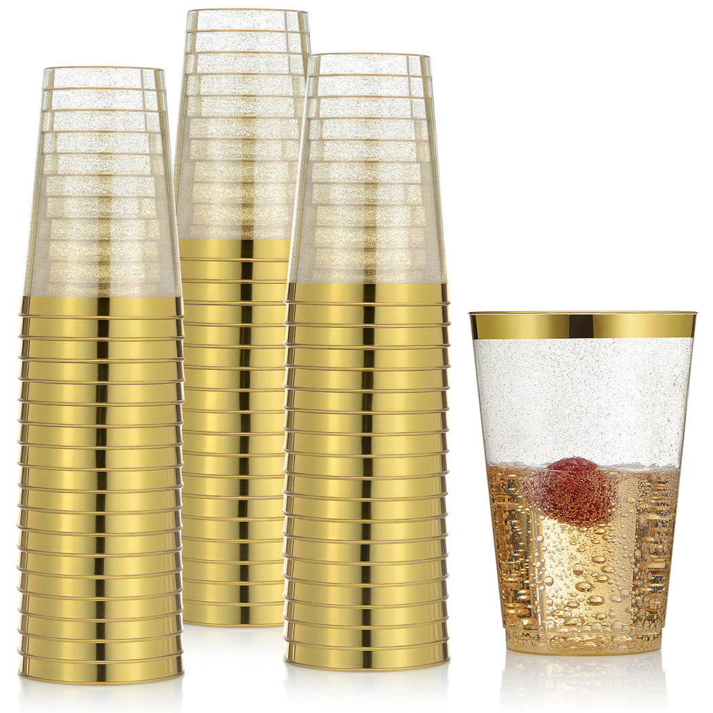 100 Gold Glitter Gold Rimmed Plastic Cups 14 Oz  Wine Glasses