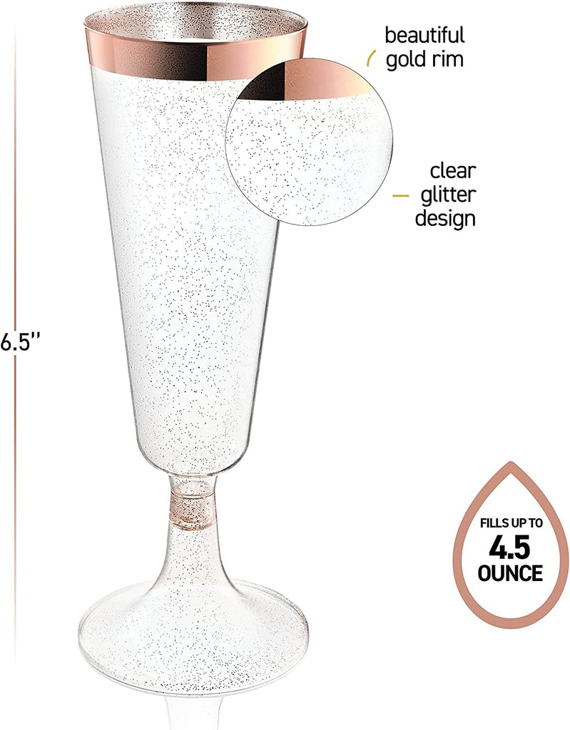 Plastic Champagne Flutes Disposable - Rose Glitter with a Rose Rim - [1 Box of 48] 4.5 Oz Premium Toasting Flutes, Elegant Stylish Mimosa Glasses for Weddings Anniversaries and Catered Events
