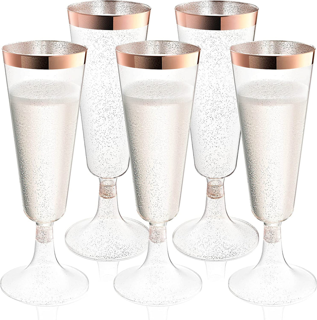 Plastic Champagne Flutes Disposable - Rose Glitter with a Rose Rim - [1 Box of 48] 4.5 Oz Premium Toasting Flutes, Elegant Stylish Mimosa Glasses for Weddings Anniversaries and Catered Events
