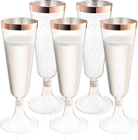 Plastic Champagne Flutes Disposable - Rose Glitter with a Rose Rim - [1 Box of 48] 4.5 Oz Premium Toasting Flutes, Elegant Stylish Mimosa Glasses for Weddings Anniversaries and Catered Events
