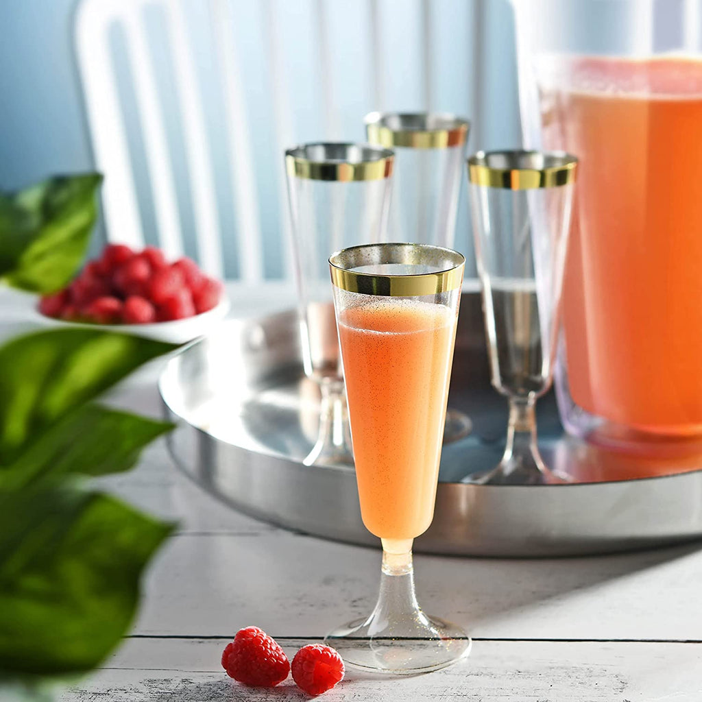 Plastic Champagne Flutes Disposable - Gold Glitter with a Gold Rim - [1 Box of 48] 4.5 Oz Premium Toasting Flutes, Elegant Stylish Mimosa Glasses for Weddings Anniversaries and Catered Events
