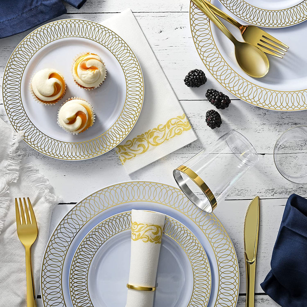 252-Piece White and Gold Plates, Napkins, Party Supplies, Dinnerware for Adults (36 sets), Gold Plastic Plate Set, Small & Large, Durable Disposable Silverware, Paper Napkins, Cups for Elegant Parties
