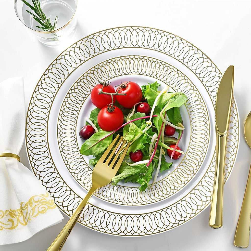 252-Piece White and Gold Plates, Napkins, Party Supplies, Dinnerware for Adults (36 sets), Gold Plastic Plate Set, Small & Large, Durable Disposable Silverware, Paper Napkins, Cups for Elegant Parties
