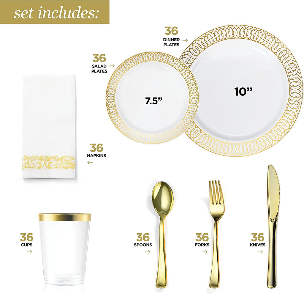 252-Piece White and Gold Plates, Napkins, Party Supplies, Dinnerware for Adults (36 sets), Gold Plastic Plate Set, Small & Large, Durable Disposable Silverware, Paper Napkins, Cups for Elegant Parties
