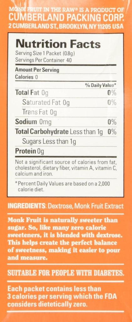 Monk Fruit In The Raw Zero Calorie Sweetener - 40 Ct