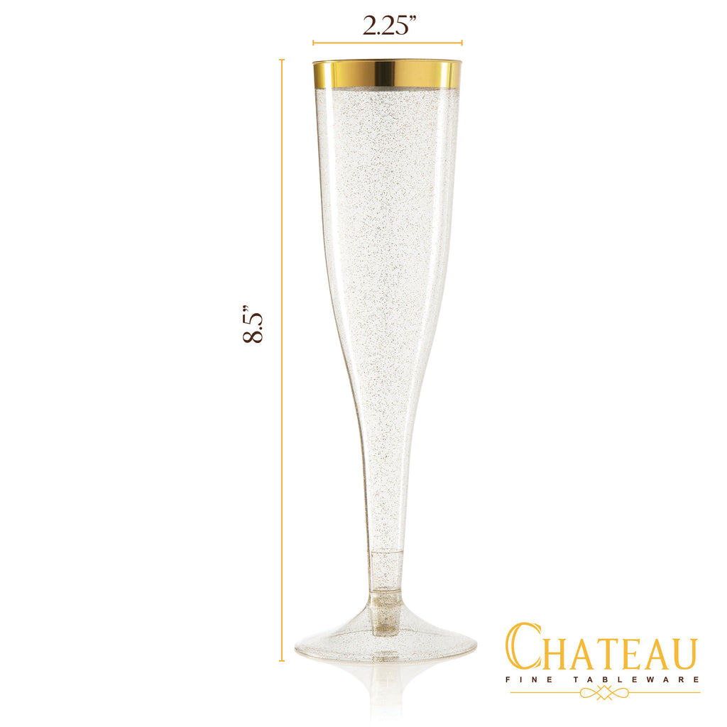 Plastic Champagne Flutes Disposable - Gold Glitter with a Gold Rim