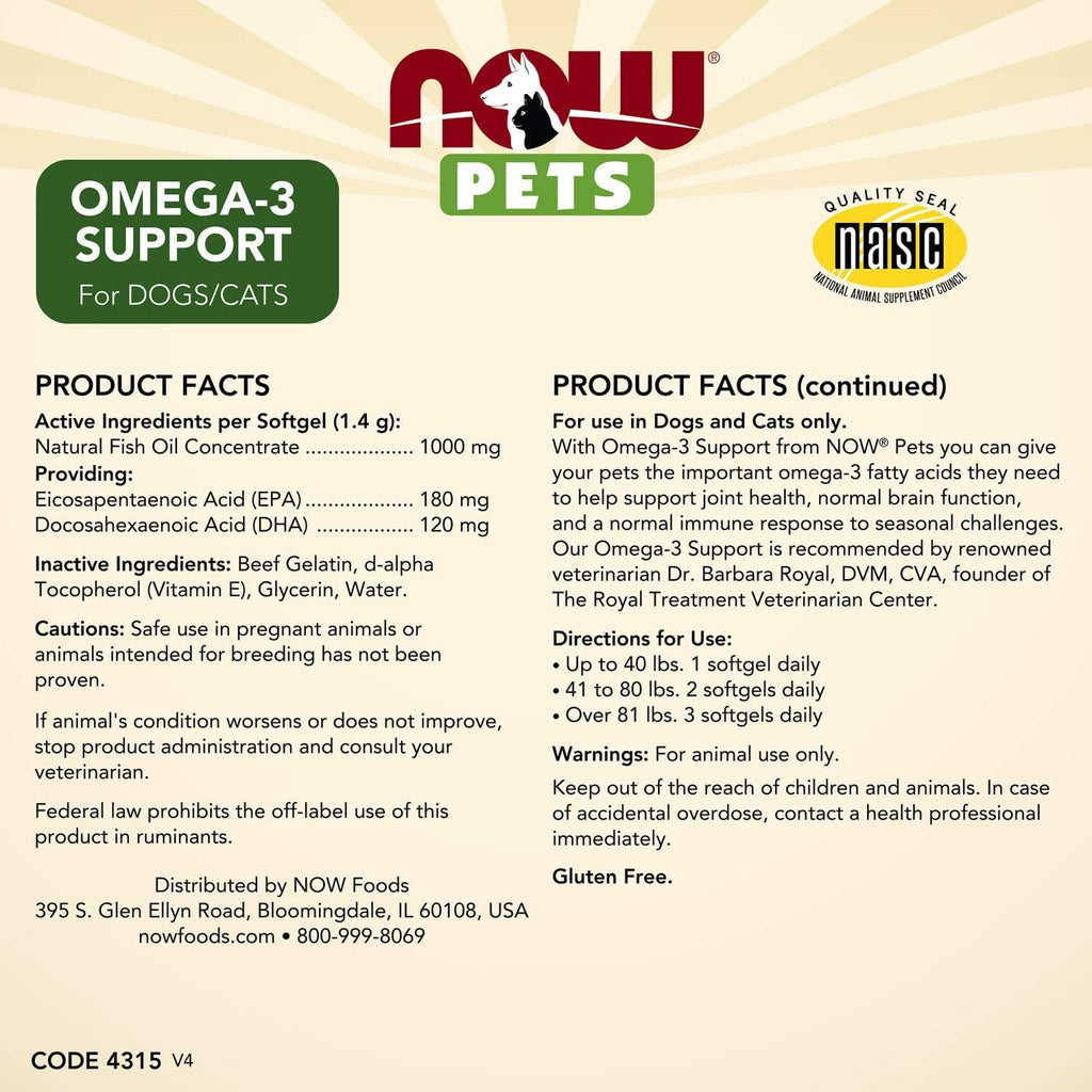 NOW Foods Omega-3 Support - 180 Softgels for Pets,NOW Foods,OxKom