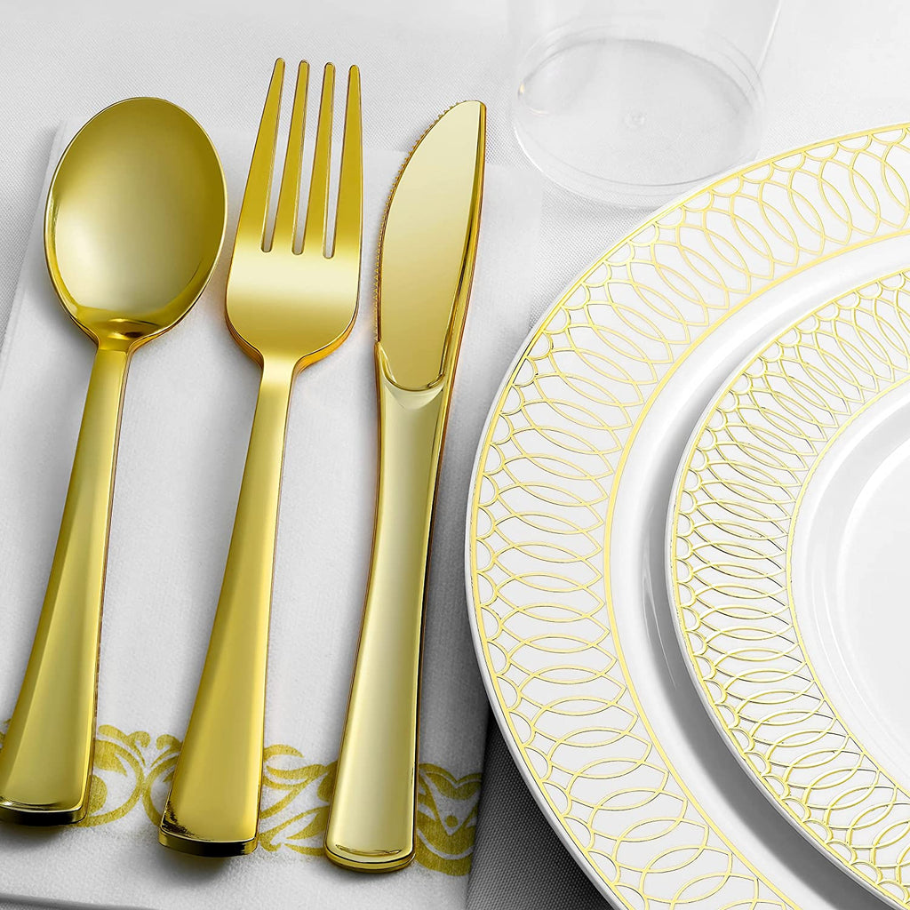 252-Piece White and Gold Plates, Napkins, Party Supplies, Dinnerware for Adults (36 sets), Gold Plastic Plate Set, Small & Large, Durable Disposable Silverware, Paper Napkins, Cups for Elegant Parties
