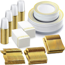 252-Piece White and Gold Plates, Napkins, Party Supplies, Dinnerware for Adults (36 sets), Gold Plastic Plate Set, Small & Large, Durable Disposable Silverware, Paper Napkins, Cups for Elegant Parties
