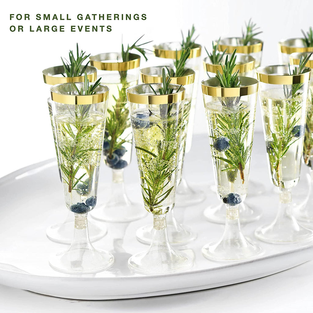 Plastic Champagne Flutes Disposable - Gold Glitter with a Gold Rim - [1 Box of 48] 4.5 Oz Premium Toasting Flutes, Elegant Stylish Mimosa Glasses for Weddings Anniversaries and Catered Events
