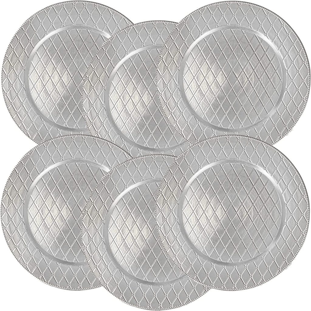 Silver charger plates Diamond Design - 13-Inch Elegant Chargers - Set of 6 - For Small to Regular-Size Dinnerware & Soup Bowls - Suitable for Weddings, Parties, Anniversary, Thanksgiving