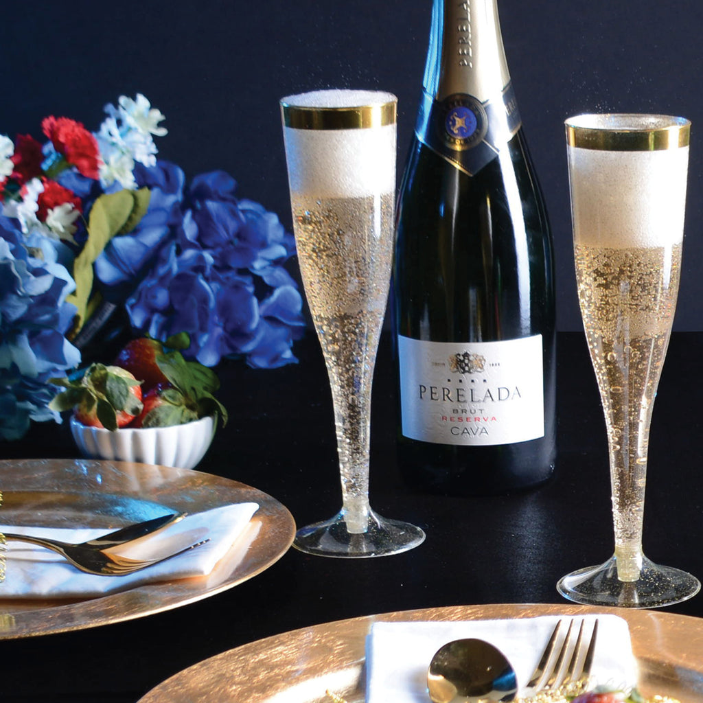 Plastic Champagne Flutes Disposable - Gold Glitter with a Gold Rim