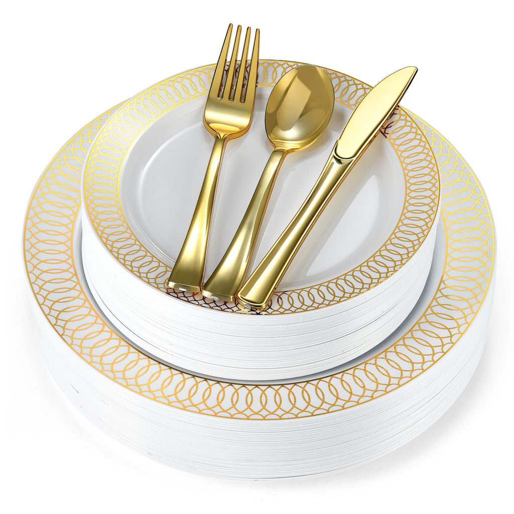 180- Piece White & Gold Plate Dinnerware Set - Large & Small White & Gold Party Plates with Gold Plastic Silverware, Forks, Spoons, Knives for 36 Guests