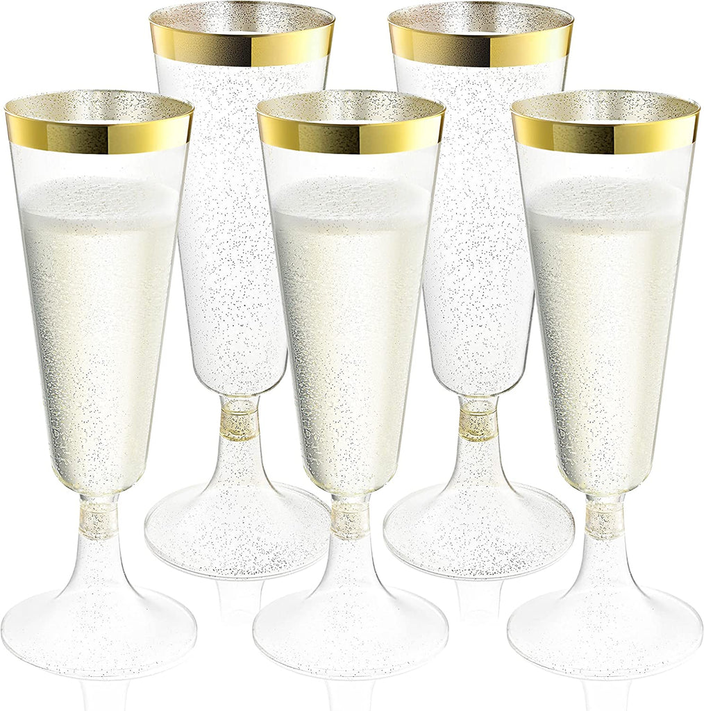 Plastic Champagne Flutes Disposable - Gold Glitter with a Gold Rim - [1 Box of 48] 4.5 Oz Premium Toasting Flutes, Elegant Stylish Mimosa Glasses for Weddings Anniversaries and Catered Events

