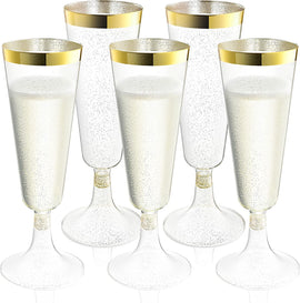 Plastic Champagne Flutes Disposable - Gold Glitter with a Gold Rim - [1 Box of 48] 4.5 Oz Premium Toasting Flutes, Elegant Stylish Mimosa Glasses for Weddings Anniversaries and Catered Events
