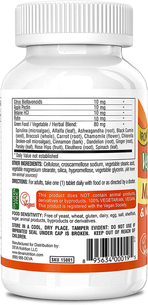 Deva Vegan Multivitamin and Mineral Supplement with Iron Free -- 90 Tablets
