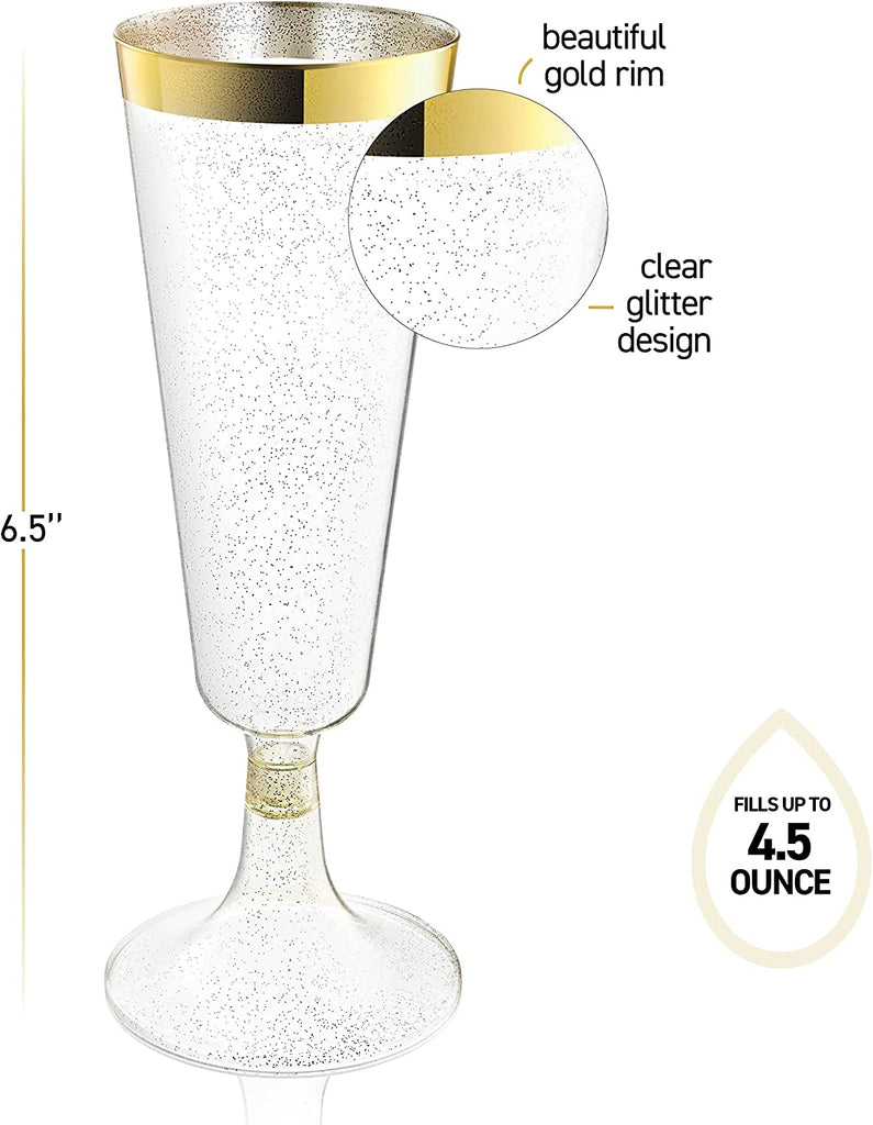 Plastic Champagne Flutes Disposable - Gold Glitter with a Gold Rim - [1 Box of 48] 4.5 Oz Premium Toasting Flutes, Elegant Stylish Mimosa Glasses for Weddings Anniversaries and Catered Events
