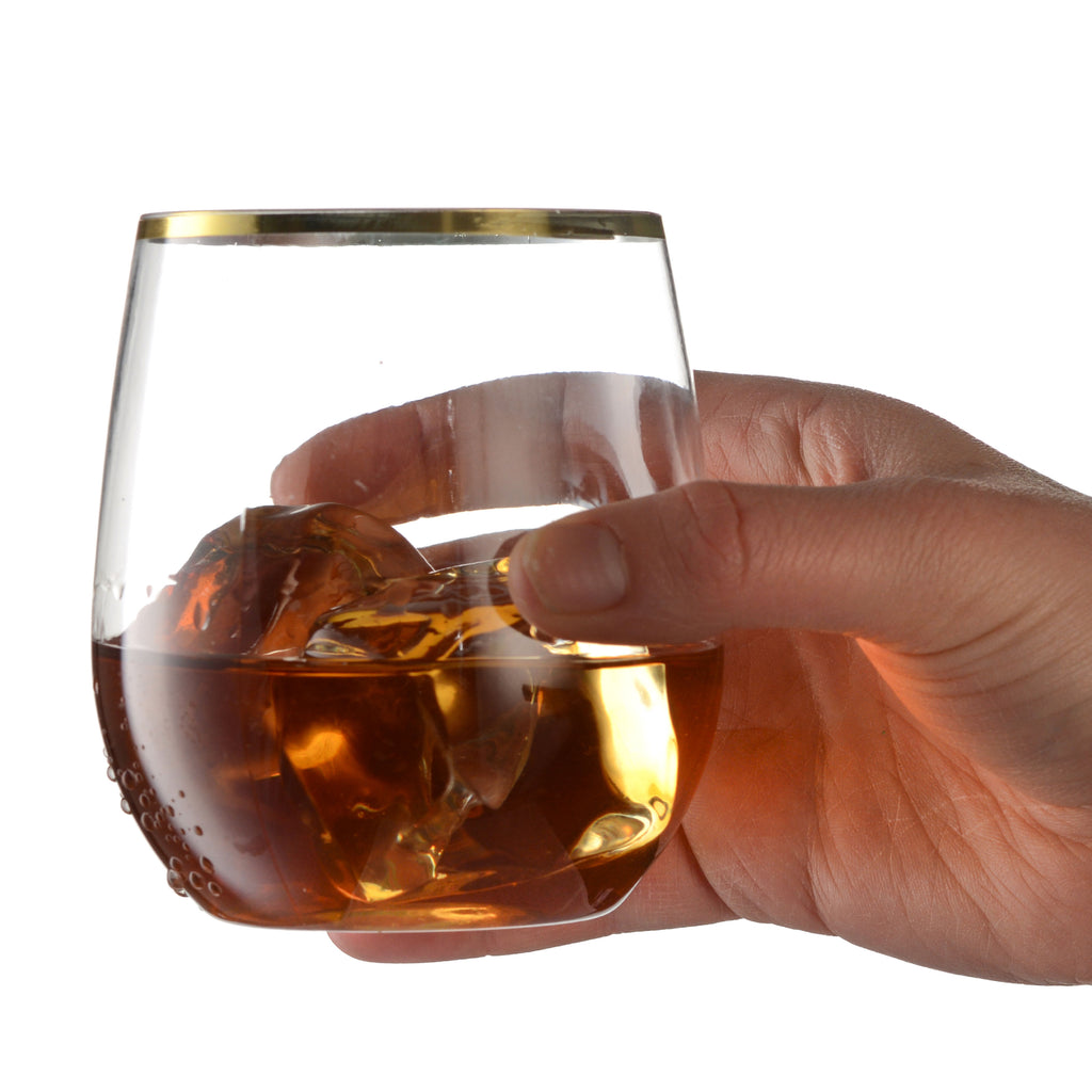 32 Pack Stemless Plastic Wine Glasses Disposable 12 Oz Gold Rim