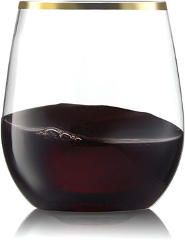 32 Pack Stemless Plastic Wine Glasses Disposable 12 Oz Gold Rim