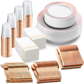 252-Piece Rose Gold Plates, Napkins, Party Supplies, Dinnerware for Adults (36 sets), Gold Plastic Plate Set, Small & Large, Durable Disposable Silverware, Paper Napkins, & Cups for Elegant Parties