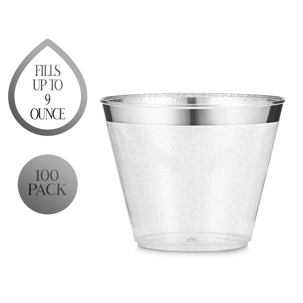 100 Pack Silver Rimmed Plastic Cups, 9 oz Disposable Plastic Glasses, Silver Glitter with a Silver Rim, Elegant Party Cups for Champagne, Wine, Cold Drinks, Tea, Punch, Juice, Soda