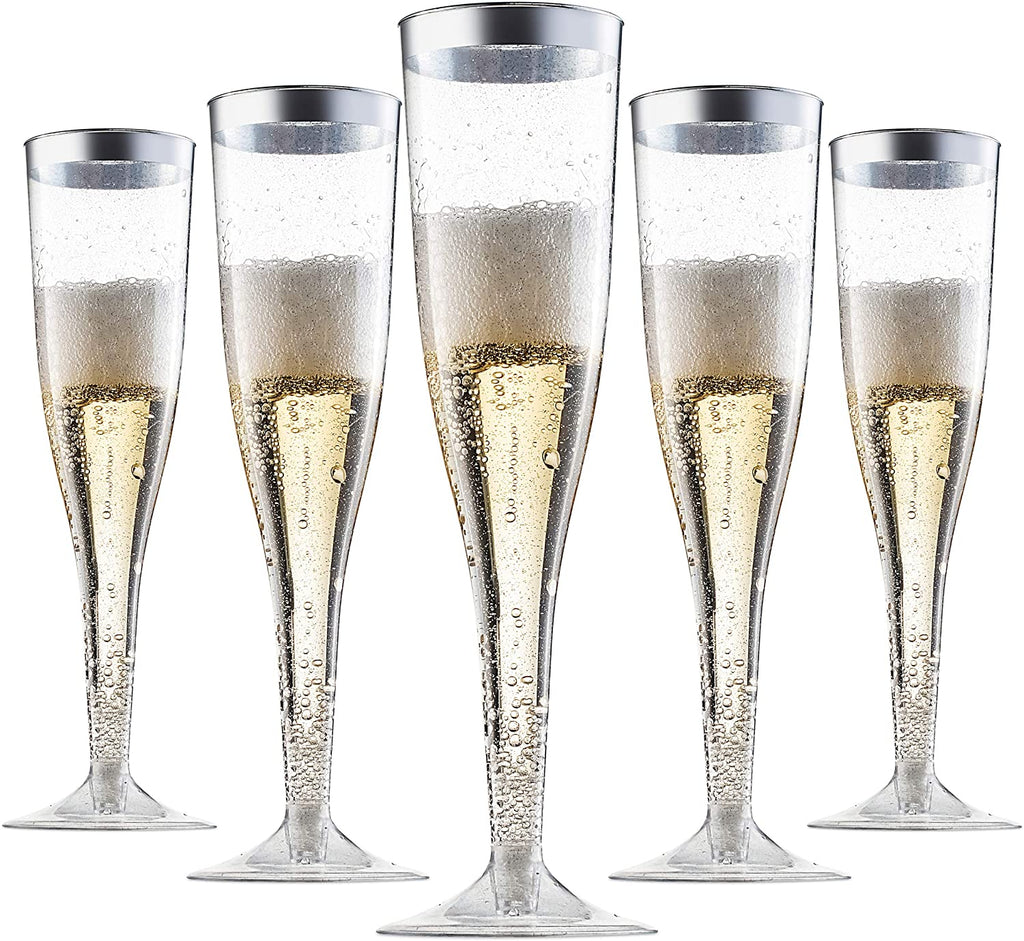 Plastic Champagne Flutes Disposable W/ Silver Rim Box Of 36  6.5 Oz