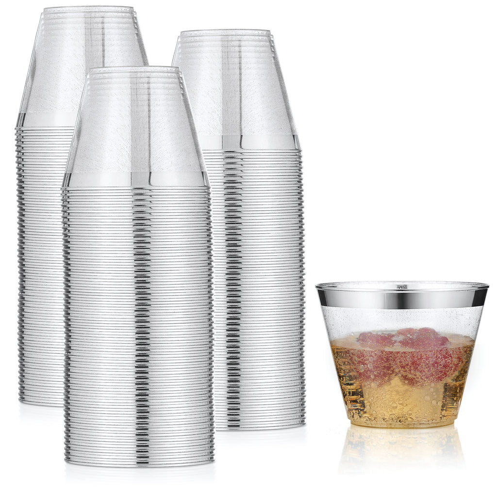 100 Pack Silver Rimmed Plastic Cups, 9 oz Disposable Plastic Glasses, Silver Glitter with a Silver Rim, Elegant Party Cups for Champagne, Wine, Cold Drinks, Tea, Punch, Juice, Soda