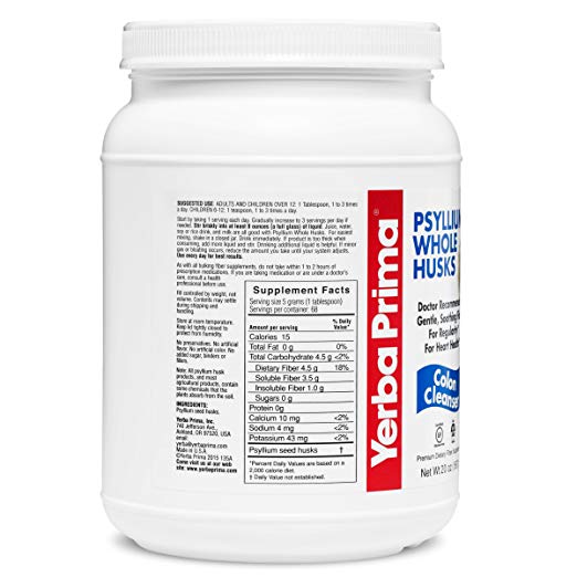 Yerba Prima Psyllium Whole Husks Colon Cleanser Weight Loss Bulk 20-Ounce