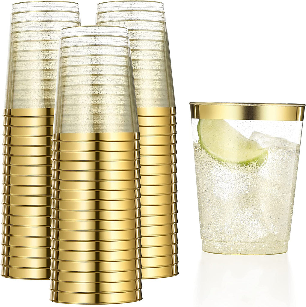 100 Gold Plastic Cups 10 Oz Gold Glitter Plastic Cups Tumblers Gold Rimmed Cups Fancy Disposable Wedding Cups Elegant Party Cups with Gold Rim and Glitter