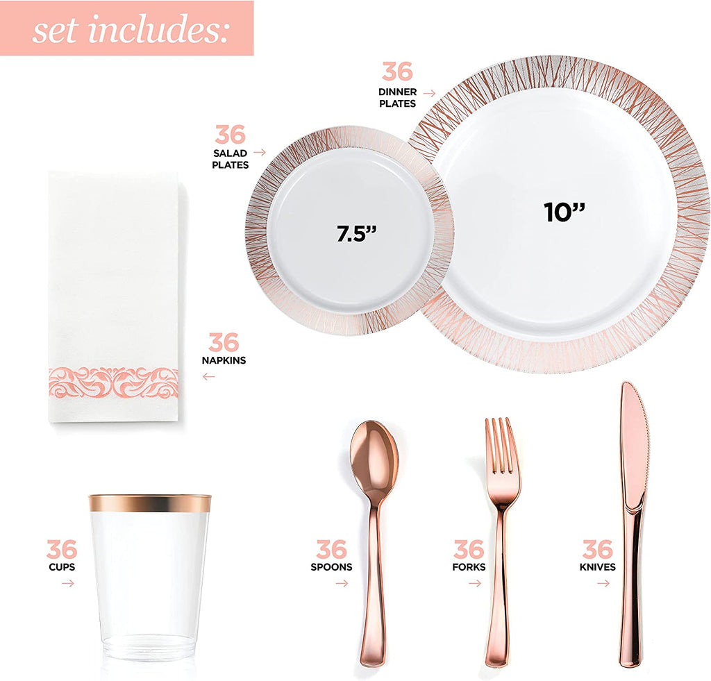252-Piece Rose Gold Plates, Napkins, Party Supplies, Dinnerware for Adults (36 sets), Gold Plastic Plate Set, Small & Large, Durable Disposable Silverware, Paper Napkins, & Cups for Elegant Parties