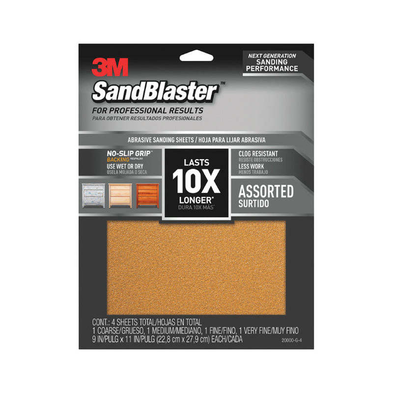 3M  SandBlaster 11 in. Lx9 in. W 80/120/180/220 Grit Assort. Ceramic Sandpaper,3M,OxKom